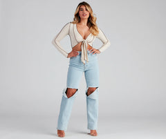 Trendy Ribbed Knit Tie-Front Top